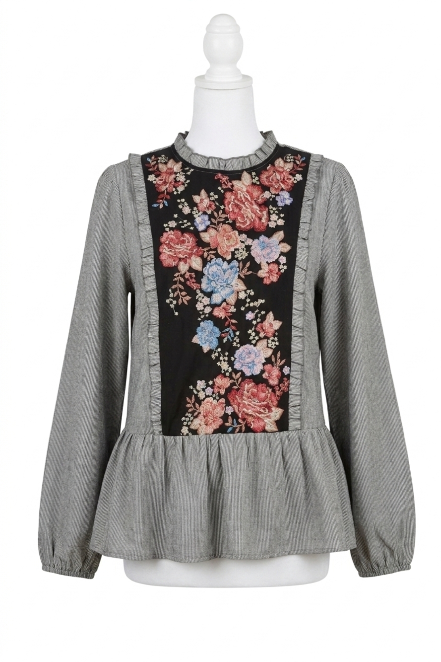 NEW ANDREE BY UNIT embroidered pinstripe blouse in gray